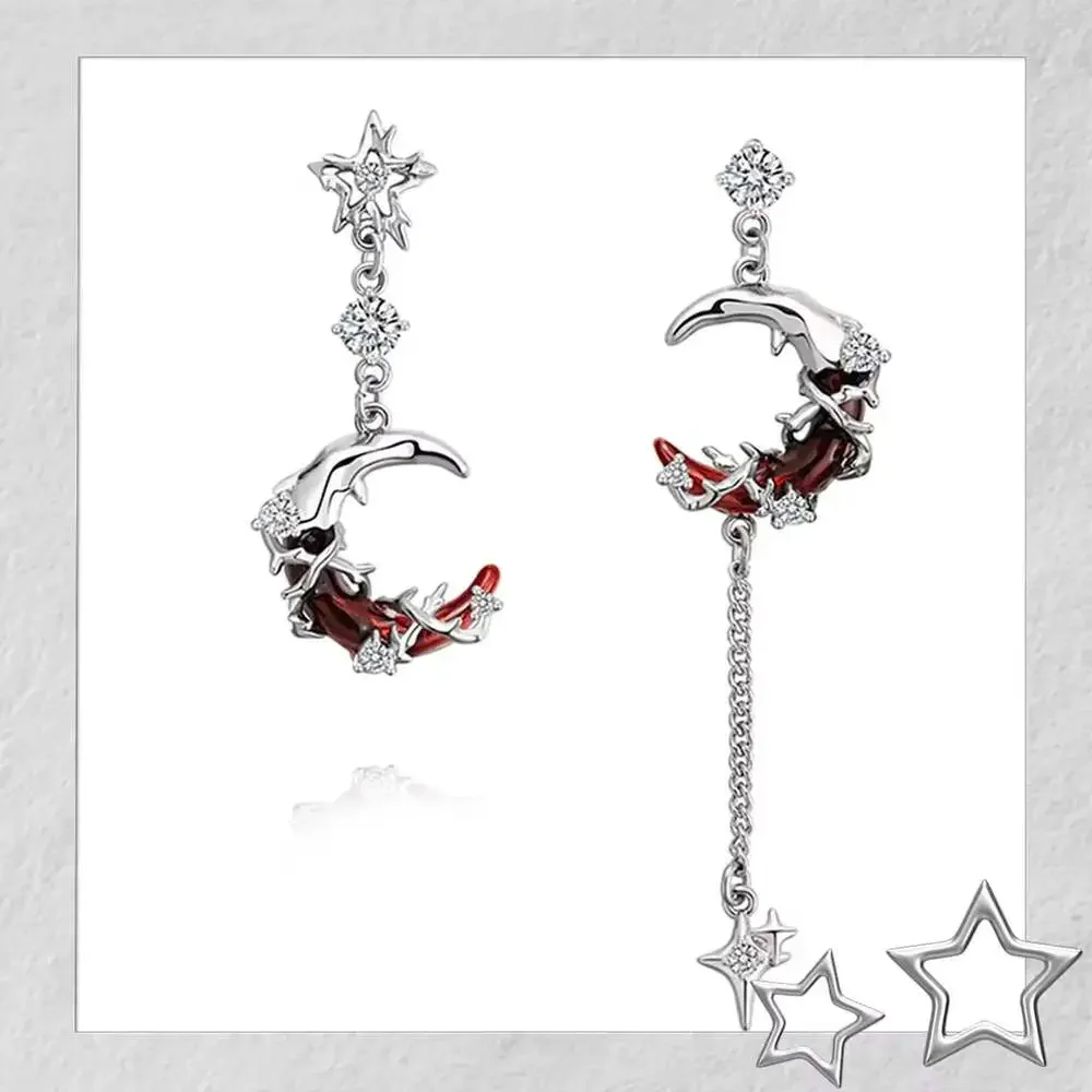Sylus Inspired Blood Moon Earrings - Gothic Asymmetrical 925 Silver Pin Otome Je